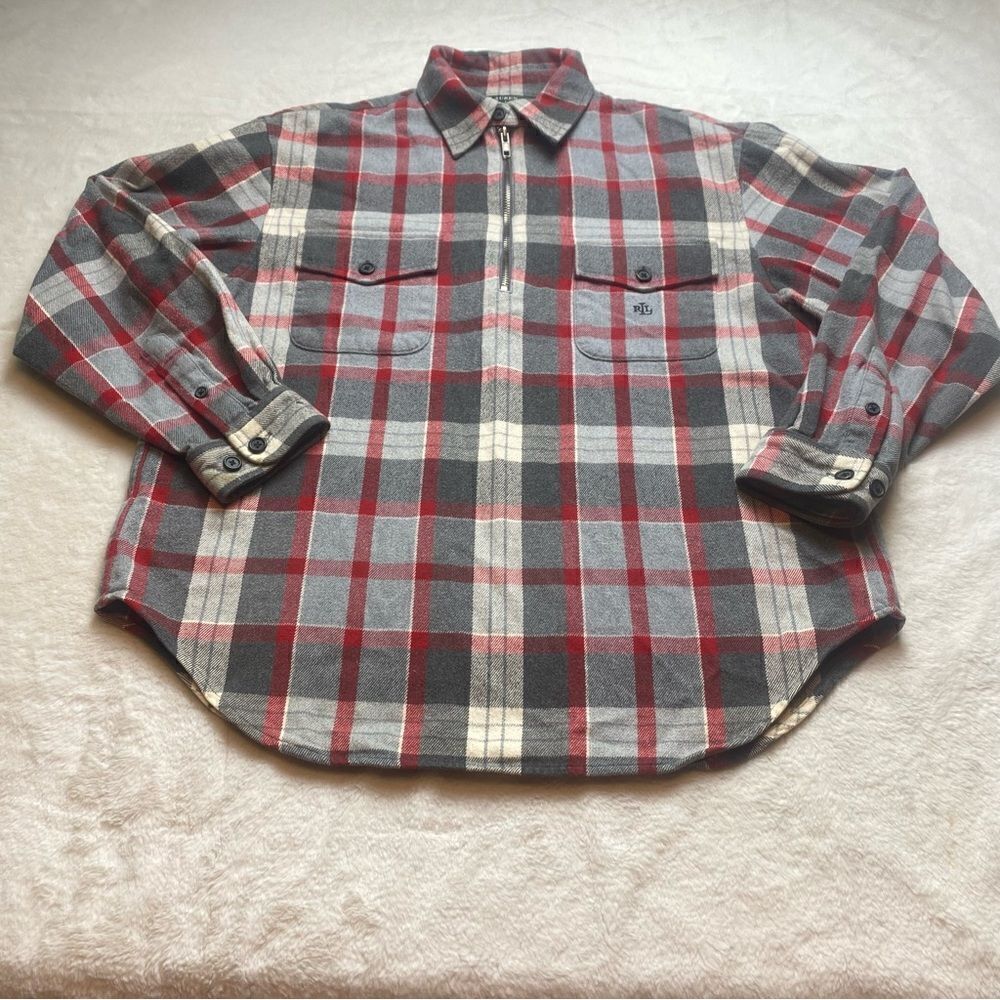 Lauren Ralph Lauren Red and Gray Plaid 1/4 Flannel Shirt Size Large